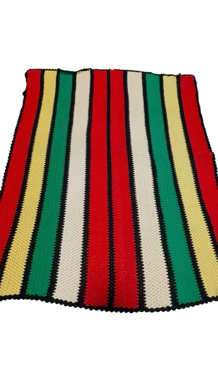 Handmade Afghan Crochet Knit Wide Stripes Red/Green/Yellow/White/Blk 86x69”⬇️